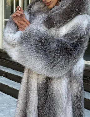 Длинная шуба из меха Arctic Fox с капюшоном, росшив - серая - фото 1