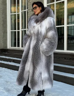 Длинная шуба из меха Arctic Fox с капюшоном, росшив - серая - фото 5
