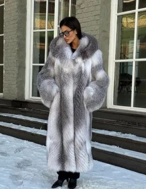 Длинная шуба из меха Arctic Fox с капюшоном, росшив - серая - фото 12