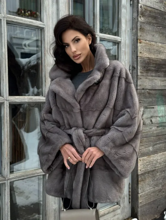 Норковая шуба в цвете графит с английским воротником - Летучая мышь - фото 9
