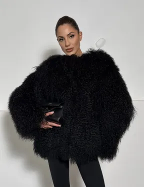Черная шуба из меха ламы воротник шанель - фото 10