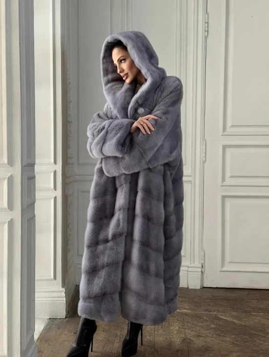 Длинная голубая норковая шуба с капюшоном PLUS SIZE - фото 9