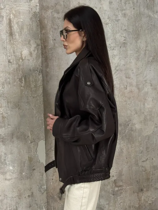 Модная кожаная куртка - бомбер на резинке из натуральной гладкой кожи - фото 5