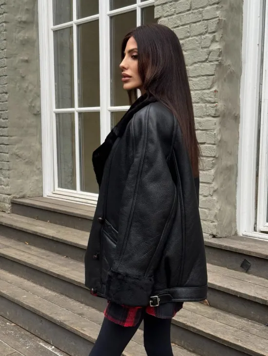 Винтажная куртка - дубленка «Total Black» с английским воротником на пуговицах - фото 8