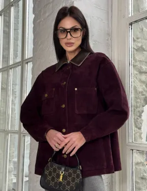 Куртка в «рабочем стиле» из замши Burgundy с отложным воротником, весна-лето 2025 - фото 0