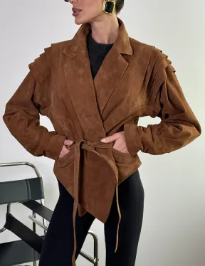 Модная приталенная куртка с плечиками - крылышками из замши Camel - фото 2