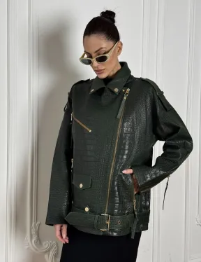 Куртка - косуха из натуральной кожи «CROCO» Dark green - фото 5