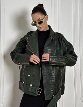 Куртка - косуха из натуральной кожи «CROCO» Dark green - фото 4