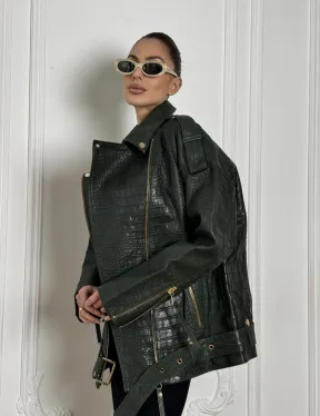 Куртка - косуха из натуральной кожи «CROCO» Dark green - фото 10
