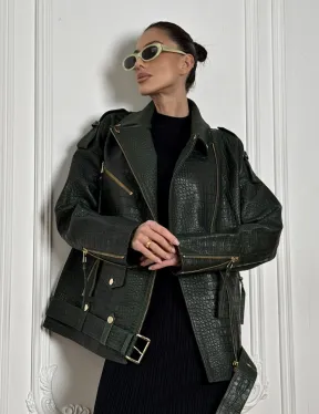 Куртка - косуха из натуральной кожи «CROCO» Dark green - фото 0