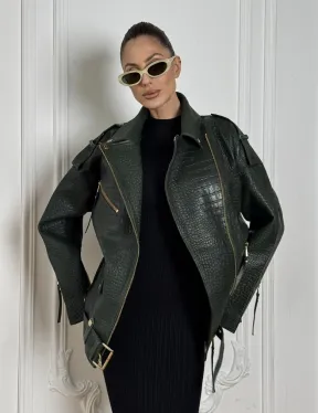 Куртка - косуха из натуральной кожи «CROCO» Dark green - фото 8