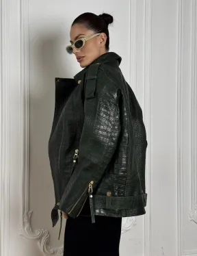 Куртка - косуха из натуральной кожи «CROCO» Dark green - фото 6