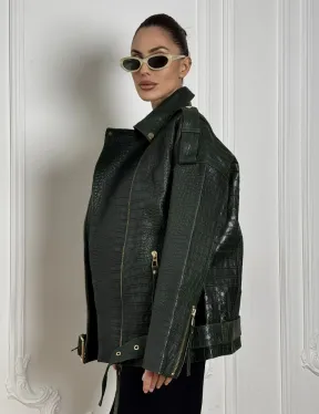Куртка - косуха из натуральной кожи «CROCO» Dark green - фото 3