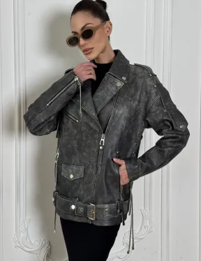 Косуха женская из натуральной кожи Vintage со шнуровкой - цвет серый - фото 4
