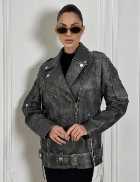 Косуха женская из натуральной кожи Vintage со шнуровкой - цвет серый - фото 0
