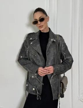 Косуха женская из натуральной кожи Vintage со шнуровкой - цвет серый - фото 10