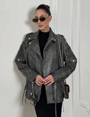 Косуха женская из натуральной кожи Vintage со шнуровкой - цвет серый - фото 8