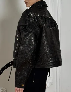 Укороченная куртка из натуральной кожи «CROCO» BLACK со шнуровкой на спине - фото 1