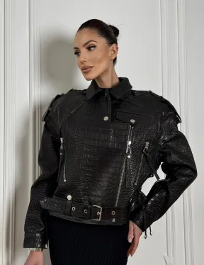 Укороченная куртка из натуральной кожи «CROCO» BLACK со шнуровкой на спине - фото 0
