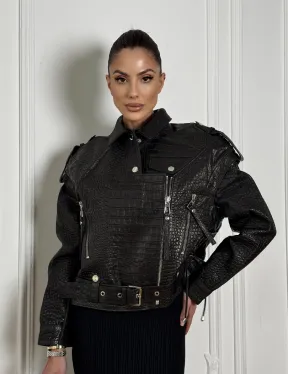 Укороченная куртка из натуральной кожи «CROCO» BLACK со шнуровкой на спине - фото 8