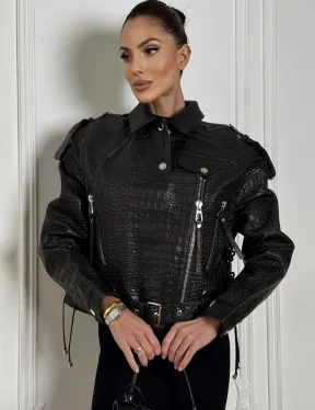 Укороченная куртка из натуральной кожи «CROCO» BLACK со шнуровкой на спине - фото 3