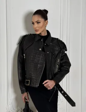 Укороченная куртка из натуральной кожи «CROCO» BLACK со шнуровкой на спине - фото 11