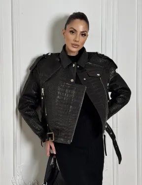 Укороченная куртка из натуральной кожи «CROCO» BLACK со шнуровкой на спине - фото 7