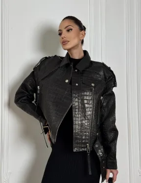 Укороченная куртка из натуральной кожи «CROCO» BLACK со шнуровкой на спине - фото 12