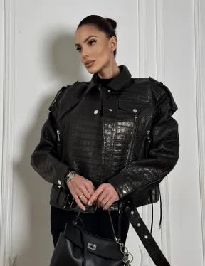 Укороченная куртка из натуральной кожи «CROCO» BLACK со шнуровкой на спине - фото 5