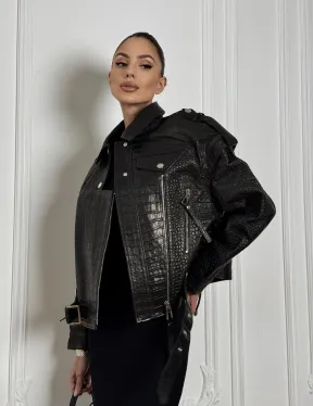 Укороченная куртка из натуральной кожи «CROCO» BLACK со шнуровкой на спине - фото 9