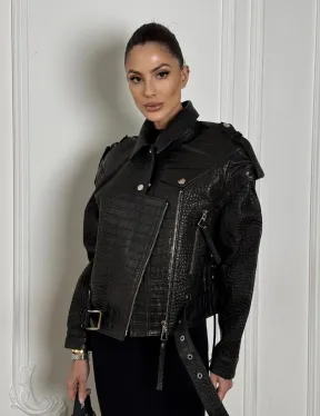 Укороченная куртка из натуральной кожи «CROCO» BLACK со шнуровкой на спине - фото 6