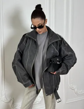 Кожаный женский бомбер Vintage grey с двойным воротником и затертыми швами - фото 8