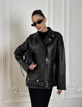 Total black удлиненная женская косуха из натуральной кожи CROCO с косой застежкой-молнией - фото 9