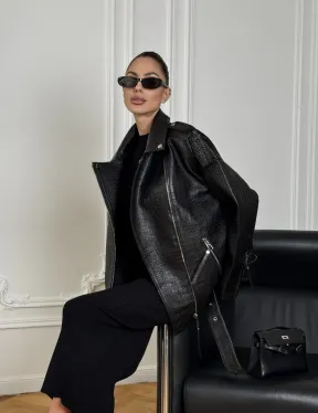 Total black удлиненная женская косуха из натуральной кожи CROCO с косой застежкой-молнией - фото 10