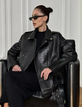 Total black удлиненная женская косуха из натуральной кожи CROCO с косой застежкой-молнией - фото 0
