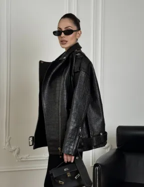 Total black удлиненная женская косуха из натуральной кожи CROCO с косой застежкой-молнией - фото 8