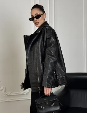 Total black удлиненная женская косуха из натуральной кожи CROCO с косой застежкой-молнией - фото 3