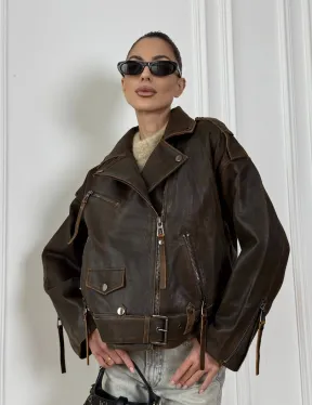 Vintage Brown кожаная куртка - косуха оверсайз с затертыми швами - фото 0