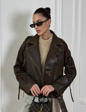 Vintage Brown кожаная куртка - косуха оверсайз с затертыми швами - фото 6