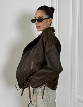 Vintage Brown кожаная куртка - косуха оверсайз с затертыми швами - фото 4