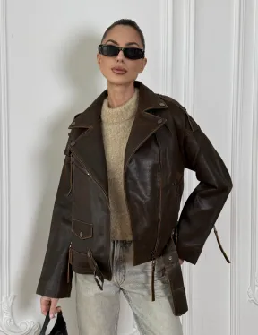 Vintage Brown кожаная куртка - косуха оверсайз с затертыми швами - фото 5