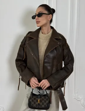 Vintage Brown кожаная куртка - косуха оверсайз с затертыми швами - фото 2