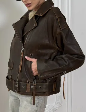 Vintage Brown кожаная куртка - косуха оверсайз с затертыми швами - фото 1