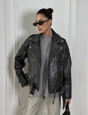 Косуха из натуральной серой кожи с эффектом винтажа и декоративными кнопками по краям воротника - фото 0