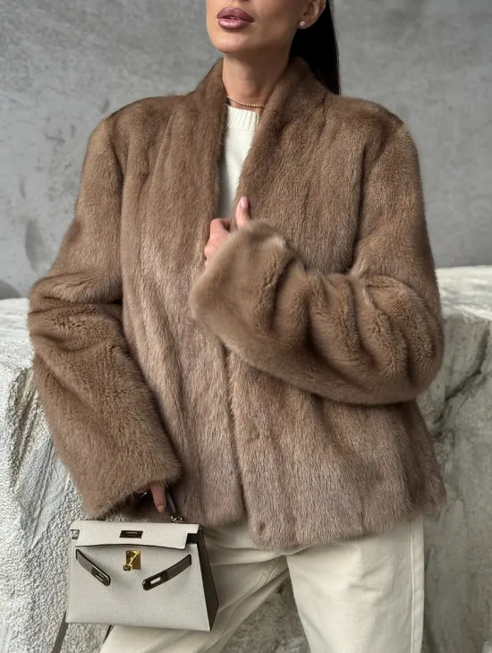 Кроп - жакет из норки Pastel с воротником V-образным 60 см - фото 2