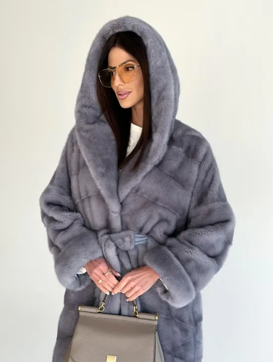 Удлиненная норковая шуба - кимоно с капюшоном - фото 15