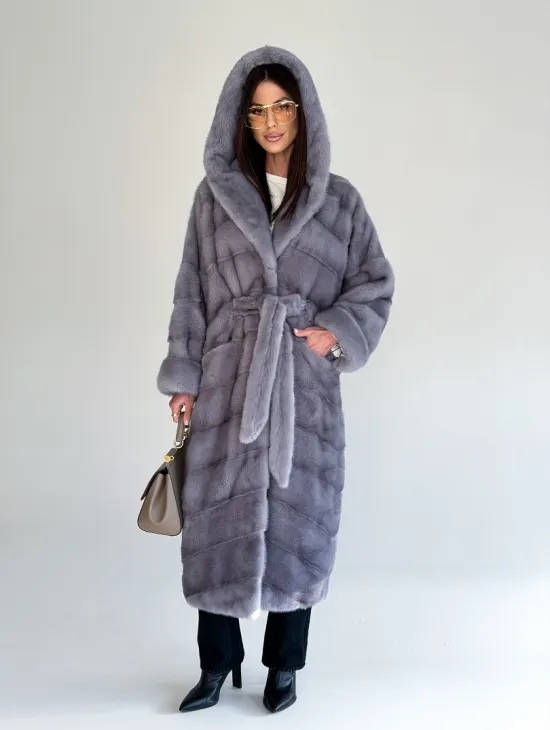 Удлиненная норковая шуба - кимоно с капюшоном - фото 20