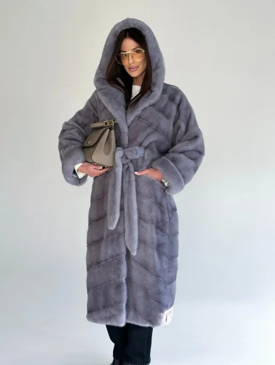 Удлиненная норковая шуба - кимоно с капюшоном - фото 14