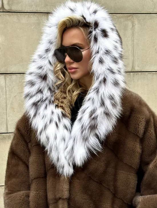 Норковая шуба с капюшоном из лисы под рысь - стиль 