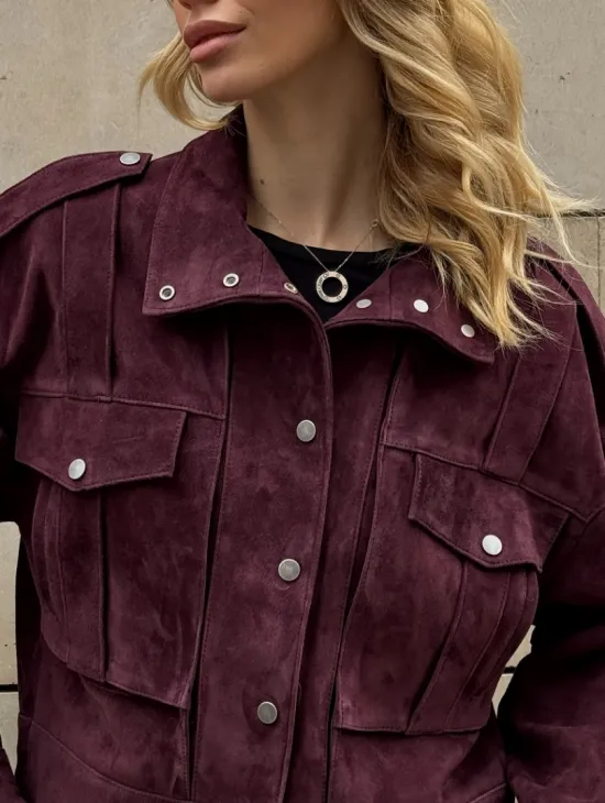 Винтажная женская повседневная куртка из натуральной замши Burgundy - фото 1